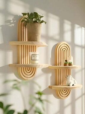 ARRIVING SOON Set of 2 Boho 2-Tier Wooden Wall Shelves | Arch Floating Shelf